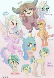 Size: 2051x2923 | Tagged: safe, artist:porcelanowyokular, imported from derpibooru, imported from ponybooru, gallus, ocellus, sandbar, silverstream, smolder, yona, changedling, changeling, classical hippogriff, dragon, earth pony, griffon, hippogriff, pony, yak, bow, cloven hooves, dragoness, eyebrows, eyebrows visible through hair, female, hair bow, high res, jewelry, male, monkey swings, necklace, open mouth, open smile, smiling, student six, teenager, traditional art