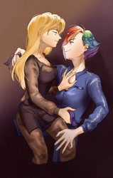 Size: 500x786 | Tagged: artist needed, source needed, safe, artist:weit., imported from derpibooru, applejack, rainbow dash, human, alternate hairstyle, alternate timeline, apocalypse dash, applecalypsejack, appledash, crystal war timeline, female, humanized, lesbian, shipping, short hair, torn ear