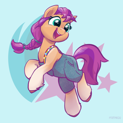 Size: 2048x2048 | Tagged: safe, artist:pfeffaroo, imported from derpibooru, sunny starscout, earth pony, pony, clothes, cutie mark background, female, g5, high res, mare, overalls, smiling, solo