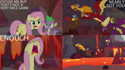 Size: 1280x720 | Tagged: safe, edit, edited screencap, editor:quoterific, imported from derpibooru, screencap, billy (dragon), clump, fluttershy, fume, garble, spear (dragon), spike, dragon, pegasus, pony, season 9, sweet and smoky, spoiler:s09, billy, eyes closed, female, lava, male, mare, open mouth, spear (g4), winged spike, wings