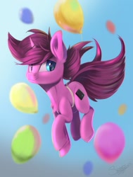 Size: 1280x1693 | Tagged: safe, artist:sketchiix3, imported from derpibooru, oc, oc only, oc:aurorafang, pony, unicorn, balloon, flying, looking at you, party balloon, smiling