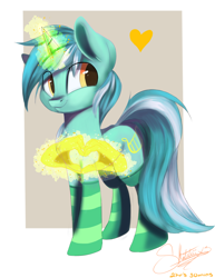 Size: 1448x1874 | Tagged: safe, artist:sketchiix3, imported from derpibooru, lyra heartstrings, pony, unicorn, clothes, glowing horn, hand, heart, horn, magic, magic hands, socks, solo, striped socks