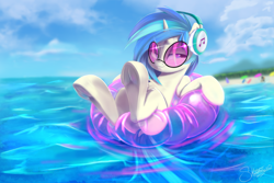 Size: 1852x1239 | Tagged: safe, artist:sketchiix3, imported from derpibooru, dj pon-3, octavia melody, vinyl scratch, earth pony, pony, unicorn, beach, chill, cloud, female, frog (hoof), glasses, headphones, inflatable toy, inner tube, mare, missing cutie mark, ocean, palm tree, sky, solo, solo focus, summer, sunglasses, tree, umbrella, underhoof