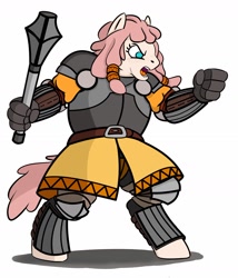 Size: 1200x1403 | Tagged: safe, artist:velgarn, imported from derpibooru, oc, oc only, oc:petra kastamonika, anthro, earth pony, pony, angry, armor, female, freckles, gambeson, jewelry, mace, mare, plate armor, shield mare, simple background, solo, weapon, white background