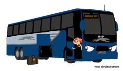 Size: 1024x594 | Tagged: safe, artist:electrahybrida, derpibooru exclusive, imported from derpibooru, sunset shimmer, oc, oc:greyson the greyhound bus, dog, equestria girls, equestria girls series, friendship games, angry, beard, briefcase, bus, door, door opening, facial hair, greyhound, greyhound (bus company), greyhound bus, luggage, luggage compartment, running, suitcase