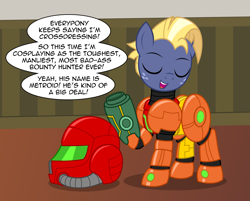 Size: 2459x1975 | Tagged: safe, artist:badumsquish, derpibooru exclusive, imported from derpibooru, star tracker, earth pony, pony, arm cannon, clothes, cosplay, costume, critical research failure, crossdressing, crossover, crossplay, cute, dialogue, eyes closed, freckles, helmet, male, metroid, oops, power suit, raised hoof, samus aran, show accurate, smiling, smug, solo, starcrossed, talking to viewer, this will end in tears, trackerbetes