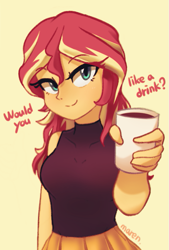 Size: 539x795 | Tagged: safe, artist:maren, imported from derpibooru, sunset shimmer, equestria girls, bronybait, looking at you, simple background, solo, talking to viewer, yellow background