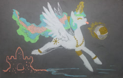 Size: 700x442 | Tagged: safe, artist:dany-the-hell-fox, imported from derpibooru, princess celestia, alicorn, pony, alternate hairstyle, ball, beach, bracelet, eyes closed, jewelry, magic, necklace, ponytail, sandcastle, solo, telekinesis, tongue out, traditional art, water