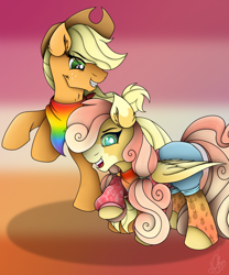 Size: 2500x3000 | Tagged: safe, artist:thelifeoncloud9, imported from derpibooru, applejack, oc, oc:pina colada (ice1517), earth pony, pony, icey-verse, applejack's hat, bandana, clothes, commission, cowboy hat, duo, female, freckles, gay pride flag, grin, hat, high res, lesbian pride flag, magical lesbian spawn, mare, markings, mother and child, mother and daughter, offspring, open mouth, parent:applejack, parent:strawberry sunrise, parents:applerise, pride, pride flag, pride month, raised hoof, rearing, shirt, shorts, smiling, socks, stockings, thigh highs, ych result