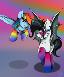 Size: 2500x3000 | Tagged: safe, artist:thelifeoncloud9, imported from derpibooru, rainbow dash, oc, oc:moon glider, bat pony, pegasus, pony, icey-verse, bat pony oc, bat wings, bisexual pride flag, clothes, commission, duo, ear piercing, earring, female, flying, gay pride flag, grin, high res, jewelry, looking at each other, male, mare, mother and child, mother and son, piercing, pride, pride flag, pride month, rainbow socks, raised hoof, smiling, socks, stallion, striped socks, sunglasses, tattoo, wings, ych result