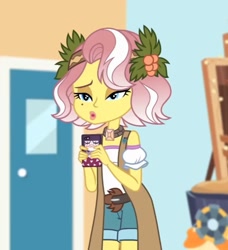 Size: 656x718 | Tagged: safe, imported from derpibooru, screencap, vignette valencia, equestria girls, equestria girls series, rollercoaster of friendship, cellphone, female, flower, flower in hair, phone, smartphone, solo