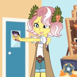 Size: 719x719 | Tagged: safe, imported from derpibooru, screencap, vignette valencia, equestria girls, equestria girls series, rollercoaster of friendship, cellphone, cute, female, flower, flower in hair, happy, phone, smartphone, solo, valenciadorable