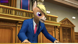 Size: 3840x2160 | Tagged: safe, alternate version, artist:antonsfms, imported from derpibooru, oc, oc only, oc:nickyequeen, anthro, donkey, 3d, ace attorney, alternate universe, angry, anthro oc, attorney, badge, banner, clothes, commission, commissioner:nickyequeen, court, courtroom, crossover, desk, donkey oc, formal attire, formal wear, hand on hip, high res, image set, leaning, looking up, male, nickywright, phoenix wright, solo, source filmmaker, suit