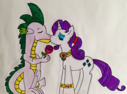 Size: 1024x759 | Tagged: safe, artist:dragonpriness, imported from derpibooru, rarity, spike, dragon, pony, unicorn, clothes, dress, female, flower, kiss on the lips, kissing, male, older, older spike, rose, shipping, sparity, straight, traditional art
