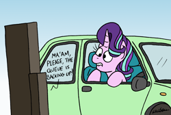 Size: 2000x1343 | Tagged: safe, artist:bobthedalek, imported from derpibooru, starlight glimmer, pony, unicorn, atg 2021, car, drive thru, female, indecision, lip bite, mare, newbie artist training grounds, offscreen character, solo
