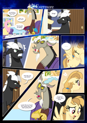 Size: 3259x4607 | Tagged: safe, artist:estories, imported from derpibooru, discord, fluttershy, oc, oc:alice goldenfeather, oc:möbius, draconequus, earth pony, pegasus, pony, unicorn, comic:nevermore, angry, book, bookshelf, clothes, comic, couch, cup, cushion, cute, dialogue, female, horn, male, mare, pegasus oc, siblings, speech bubble, stallion, table, tea kettle, teacup, unicorn oc, wings
