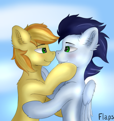 Size: 2199x2334 | Tagged: safe, artist:flapstune, imported from derpibooru, braeburn, soarin', earth pony, pegasus, pony, duo, duo male, ear fluff, feathered wings, fluffy, gay, green eyes, high res, hug, looking at each other, male, shipping, signature, sky, smiling, smiling at each other, soarburn, stallion, stallion on stallion, teeth, wings