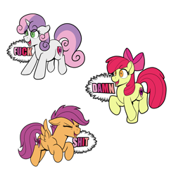 Size: 2500x2500 | Tagged: safe, artist:sevenserenity, imported from derpibooru, apple bloom, scootaloo, sweetie belle, earth pony, pegasus, pony, unicorn, cussing, cutie mark crusaders, dissonant caption, eyes closed, high res, open mouth, open smile, smiling, sticker, subversive kawaii, text, trio, vulgar