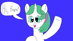 Size: 2289x1297 | Tagged: safe, artist:yorkyloves, imported from derpibooru, gusty, pony, unicorn, cute, female, g1, g1 to g4, g4, generation leap, gustybetes, mare, open mouth, open smile, purple background, simple background, smiling, solo, solo female, speech bubble, talking, waving