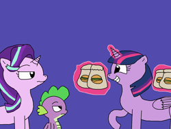 Size: 1500x1125 | Tagged: safe, artist:blazewing, imported from derpibooru, spike, starlight glimmer, twilight sparkle, alicorn, dragon, unicorn, atg 2021, burger, colored background, drawpile, fast food, food, grin, hay burger, levitation, magic, newbie artist training grounds, paper bag, raised hoof, sheepish grin, smiling, spike is not amused, starlight glimmer is not amused, starlight is not amused, telekinesis, that pony sure does love burgers, twilight burgkle, twilight sparkle (alicorn), unamused, winged spike, wings