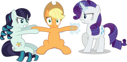 Size: 7067x3463 | Tagged: safe, artist:thatusualguy06, imported from derpibooru, applejack, coloratura, rarity, earth pony, pony, unicorn, absurd resolution, applejack gets all the mares, atg 2021, female, gritted teeth, jealous, lesbian, love triangle, magic, magic aura, mare, newbie artist training grounds, raised hoof, rarajack, rarararara, rarijack, shipping, shipping war, show accurate, shrunken pupils, simple background, telekinesis, transparent background, trio, trio female, tug of war, tugging, vector
