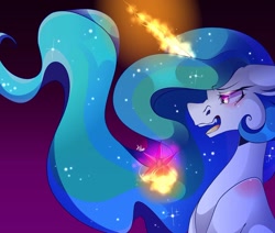 Size: 1080x915 | Tagged: safe, artist:tessa_key_, imported from derpibooru, princess celestia, alicorn, pony, bust, corrupted, crystal, ethereal mane, eyelashes, female, glowing horn, gradient background, horn, magic, mare, open mouth, smiling, starry mane, telekinesis, wings