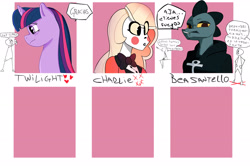 Size: 3000x2000 | Tagged: safe, artist:fraduxx, imported from derpibooru, twilight sparkle, anthro, crocodile, demon, human, pony, unicorn, six fanarts, anthro with ponies, beatrice santello, charlie magne, charlie morningstar, crossover, female, hazbin hotel, high res, male, mare, night in the woods, spanish, stick figure, unicorn twilight