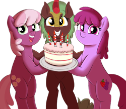 Size: 536x466 | Tagged: safe, artist:heretichesh, edit, imported from ponybooru, berry punch, berryshine, cheerilee, cinder glow, summer flare, earth pony, kirin, pony, background removed, bipedal, birthday cake, cake, candle, eye clipping through hair, female, food, happy, holding, hoof hold, looking at you, mare, open mouth, simple background, smiling, transparent background, trio