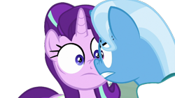 Size: 666x375 | Tagged: safe, edit, edited screencap, imported from ponybooru, screencap, starlight glimmer, trixie, pony, unicorn, student counsel, :i, angry, background removed, bag, boop, cute, duo, female, glare, nervous, noseboop, ponyville, saddle bag, simple background, transparent background, unamused