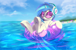 Size: 1852x1239 | Tagged: safe, artist:sketchiix3, imported from derpibooru, dj pon-3, octavia melody, vinyl scratch, earth pony, pony, unicorn, beach, chill, cloud, female, frog (hoof), glasses, headphones, inflatable toy, inner tube, mare, ocean, palm tree, sky, solo, solo focus, summer, tree, umbrella, underhoof