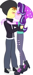 Size: 906x2048 | Tagged: safe, artist:paulyvectors, imported from ponybooru, starlight glimmer, oc, oc:eclipse shadow, equestria girls, blushing, clothes, commission, dawwww, hug, jacket, kissing, love, shoes, simple background