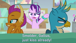 Size: 1000x563 | Tagged: safe, artist:thegamerpainter, edit, edited screencap, imported from ponybooru, screencap, gallus, smolder, starlight glimmer, pony, unicorn, student counsel, angry, bracelet, couch, flower, hand on cheek, implied shipping, implied smollus, jewelry, starlight's office, text edit, vase