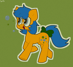 Size: 1904x1764 | Tagged: safe, artist:spritecranbirdie, imported from derpibooru, bubbles (g1), earth pony, pony, blue mane, blue tail, bow, bubble, coat markings, cutie mark, facial markings, female, g1, green background, simple background, solo, star (coat marking), tail bow, white outline