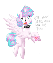 Size: 2547x2986 | Tagged: safe, artist:flutterthrash, imported from derpibooru, princess flurry heart, alicorn, pony, choker, clothes, dialogue, flying, heart, heart print underwear, high res, holding panties, older, older flurry heart, panties, pink underwear, princess emo heart, solo, spiked choker, underwear, we don't normally wear clothes