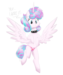 Size: 1500x1800 | Tagged: safe, artist:flutterthrash, imported from derpibooru, princess flurry heart, alicorn, pony, bipedal, choker, clothes, dialogue, female, flying, frown, heart, heart print underwear, older, older flurry heart, panties, pink underwear, princess emo heart, simple background, solo, spiked choker, underwear, white background