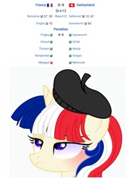 Size: 1500x1999 | Tagged: safe, artist:lazuli0209, artist:mint-light, artist:princess-kitsune-tsu, artist:venomous-cookietwt, edit, imported from derpibooru, imported from ponybooru, pony, unicorn, base used, beret, blushing, bust, euro 2020, eyelashes, eyes rolling back, female, france, hat, looking up, mare, nation ponies, ponified, solo, switzerland, unamused