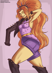 Size: 2480x3508 | Tagged: safe, artist:nire, imported from derpibooru, adagio dazzle, equestria girls, boots, bracelet, clothes, eyes closed, female, high res, jacket, jewelry, leather jacket, shoes, shorts, smiling, spiked headband, spiked wristband, wristband