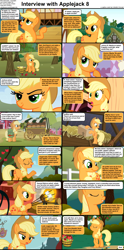 Size: 1282x2590 | Tagged: safe, edit, edited screencap, imported from derpibooru, screencap, applejack, earth pony, comic:celestia's servant interview, apple, applejack's hat, bucket, caption, cardboard box, cart, comic, cowboy hat, cs captions, female, food, hat, interview, mare, pastries, pastry, pie, ponyville, s'mores, screencap comic, sweet apple acres, text