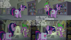 Size: 1280x720 | Tagged: safe, edit, edited screencap, editor:quoterific, imported from derpibooru, screencap, spike, twilight sparkle, alicorn, dragon, pony, season 9, the point of no return, spoiler:s09, bag, duo, female, flying, male, mare, open mouth, saddle bag, twilight sparkle (alicorn), winged spike, wings