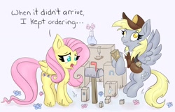 Size: 1600x1032 | Tagged: safe, artist:nedemai, imported from derpibooru, derpy hooves, fluttershy, pegasus, pony, atg 2021, chest fluff, cute, dialogue, duo, duo female, female, mail, mailbox, mailmare, newbie artist training grounds, package, thousand yard stare