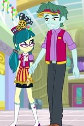 Size: 591x883 | Tagged: safe, imported from derpibooru, screencap, brim marco, juniper montage, equestria girls, equestria girls series, holidays unwrapped, spoiler:eqg series (season 2), canterlot mall, clothes, cropped, dashing through the mall, female, glasses, hair ornament, male, skirt, vest, visor