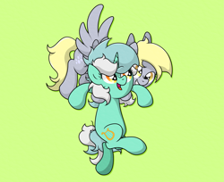 Size: 4259x3479 | Tagged: safe, artist:background basset, imported from derpibooru, derpy hooves, lyra heartstrings, pegasus, pony, unicorn, carrying, duo, duo female, female, flying, grin, open mouth, open smile, simple background, smiling