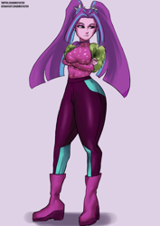 Size: 2480x3508 | Tagged: safe, artist:nire, imported from derpibooru, aria blaze, equestria girls, boots, clothes, eyeliner, eyeshadow, female, high res, looking away, makeup, pigtails, shoes, solo, thick, thighs, thunder thighs, twintails