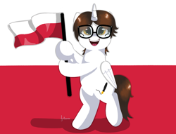 Size: 1570x1200 | Tagged: safe, artist:julie25609, imported from derpibooru, oc, oc only, alicorn, pony, bipedal, commission, flag, glasses, holding a flag, male, poland, smiling, solo, stallion, ych result