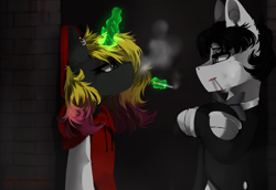 Size: 3000x2065 | Tagged: safe, artist:mediasmile666, imported from derpibooru, oc, oc only, pony, cigarette, crossed hooves, duo, female, high res, magic, mare, smoking, telekinesis