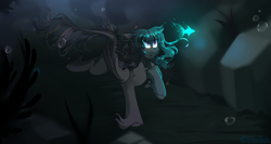 Size: 3000x1596 | Tagged: safe, artist:mediasmile666, imported from derpibooru, oc, oc only, pegasus, pony, female, leonine tail, mare, seaweed, solo, trotting, underwater