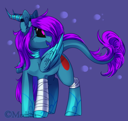 Size: 2083x1968 | Tagged: safe, artist:mediasmile666, imported from derpibooru, oc, oc only, original species, pegasus, pony, bandage, horn, purple background, simple background, solo