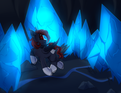 Size: 3000x2306 | Tagged: safe, artist:mediasmile666, imported from derpibooru, oc, oc only, bat pony, pony, bat pony oc, bat wings, cave, coat markings, crystal, female, high res, mare, socks (coat markings), solo, wings