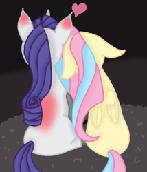 Size: 400x468 | Tagged: safe, artist:artiststr, imported from derpibooru, fluttershy, rarity, pegasus, pony, unicorn, fallout equestria, ashes town, fallout, female, flarity, grass, heart, lesbian, love, mare, ministry mares, ministry of image, ministry of peace, pink cloud (fo:e), prosthetics, shipping, sitting