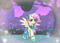 Size: 5000x3571 | Tagged: safe, artist:darkstorm mlp, imported from derpibooru, fluttershy, pegasus, pony, the best night ever, anime style, canterlot gardens, clothes, cute, daydream, dress, female, gala dress, shyabetes, solo, solo female, sparkles, spread wings, tree, wings